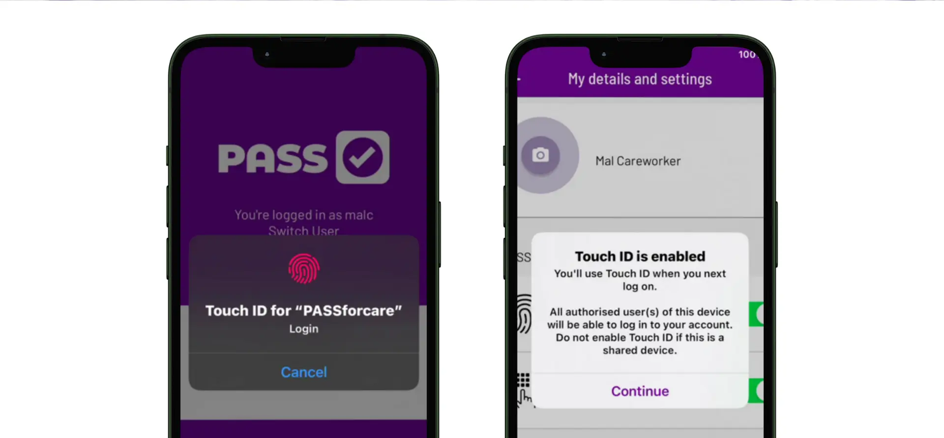 PASS biometric login for secure UK care management.