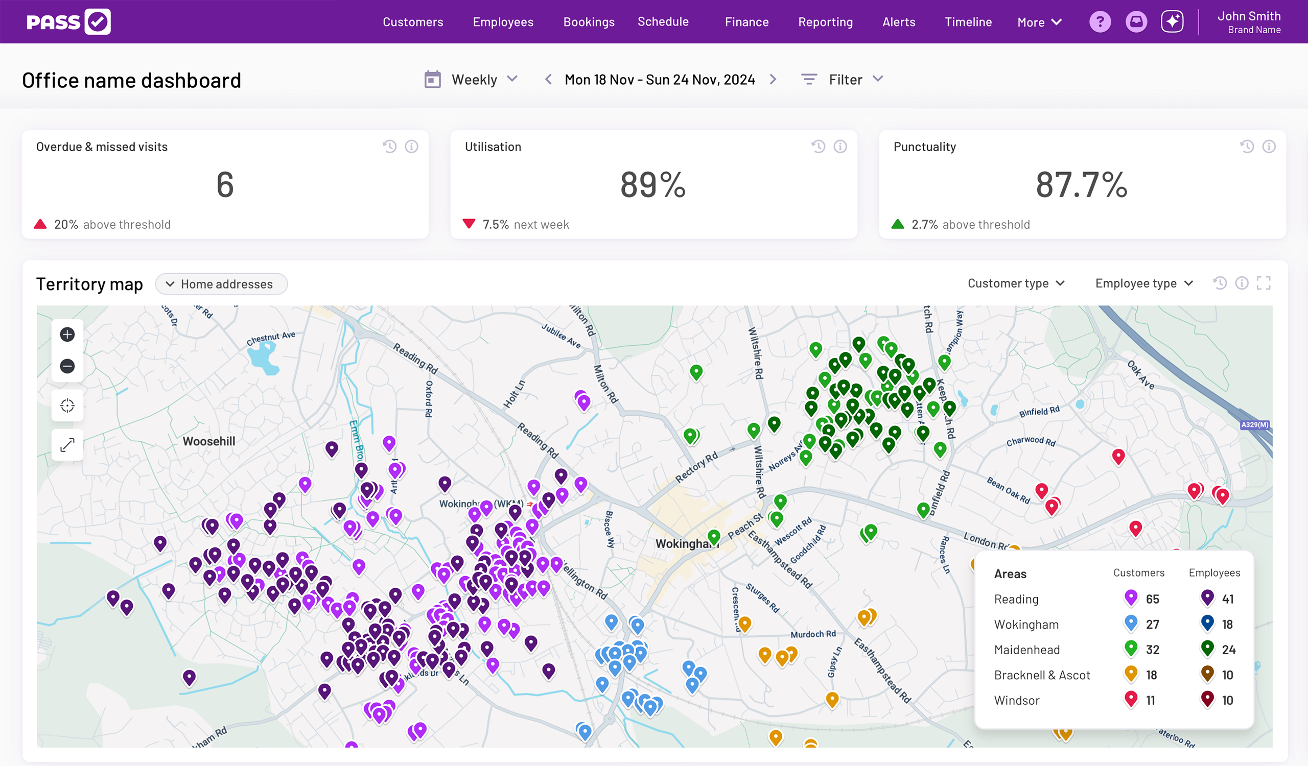 The PASSgenius territory map showing clients and carers