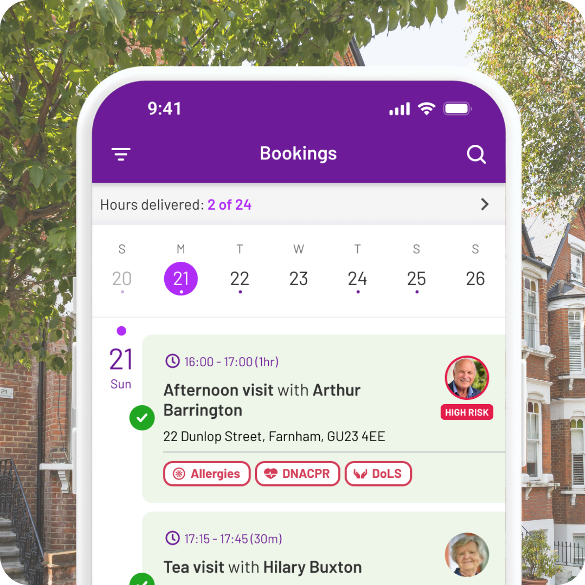 A carer's visits on the PASS mobile app