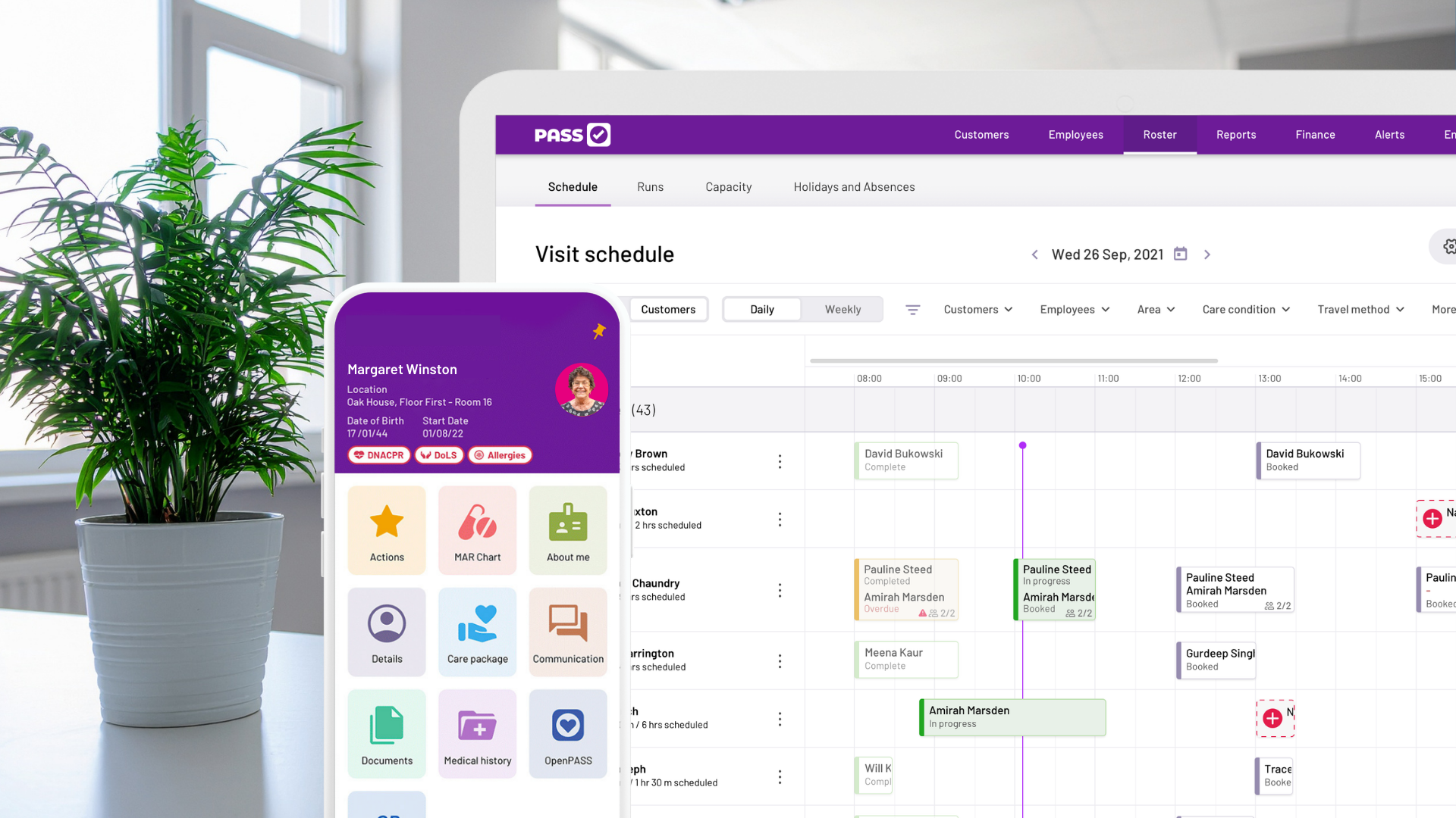 The PASS visit schedule and a client profile on desktop and mobile