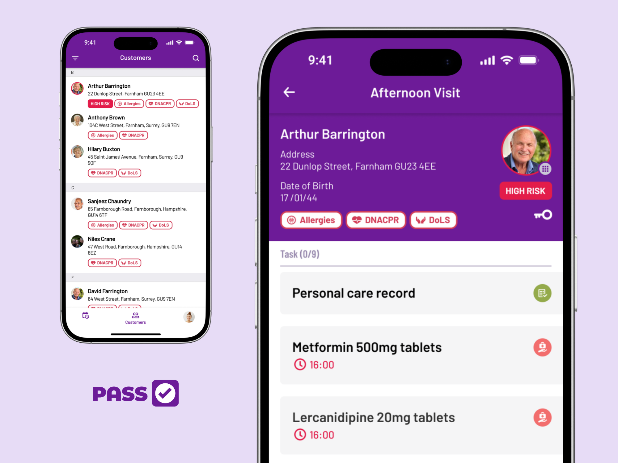 The PASS carer app showing a visit's medication tasks, with allergies and risks flagged