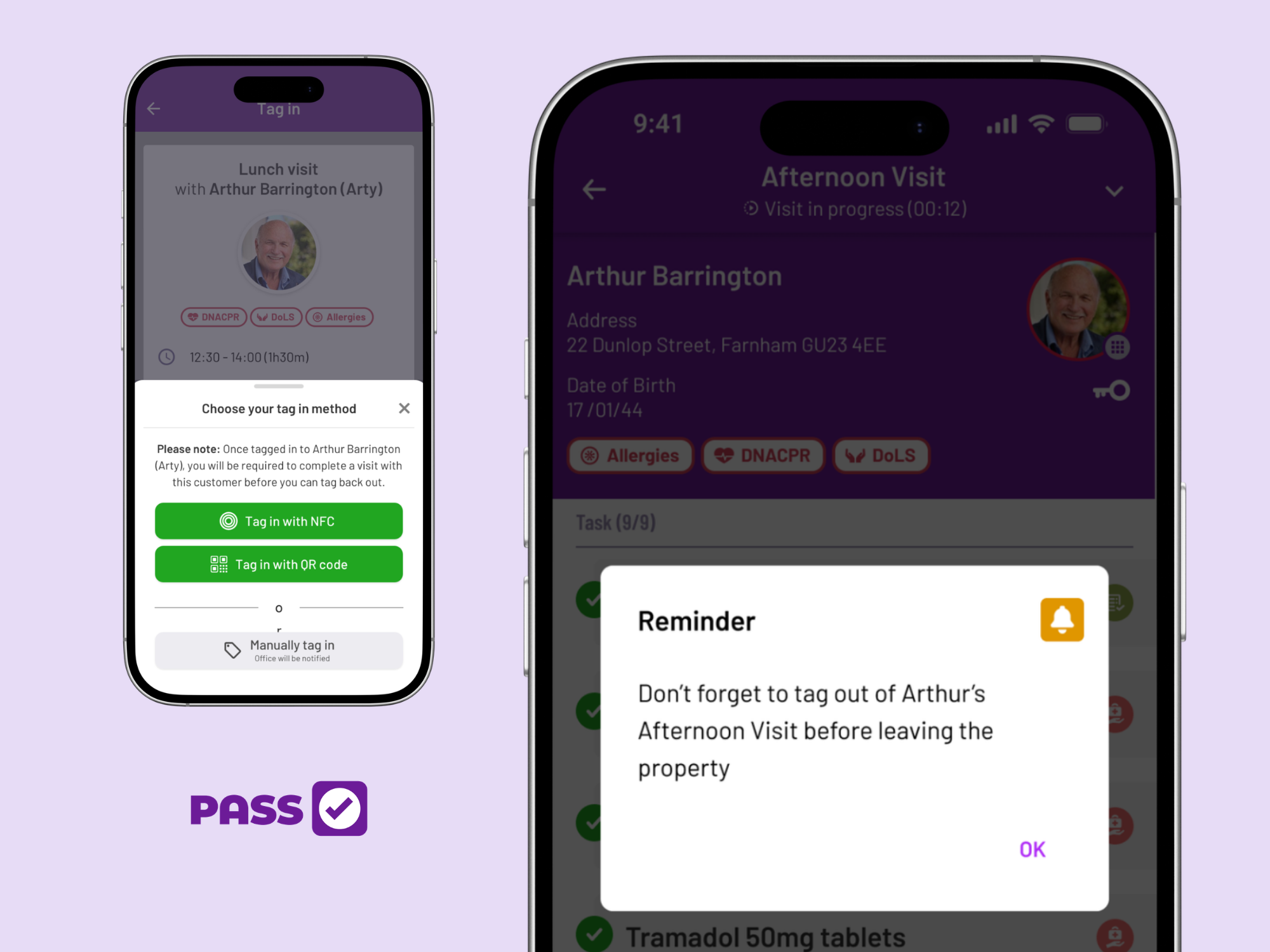The PASS carer app tag-in screen with NFC and QR code options, and a tag-out reminder