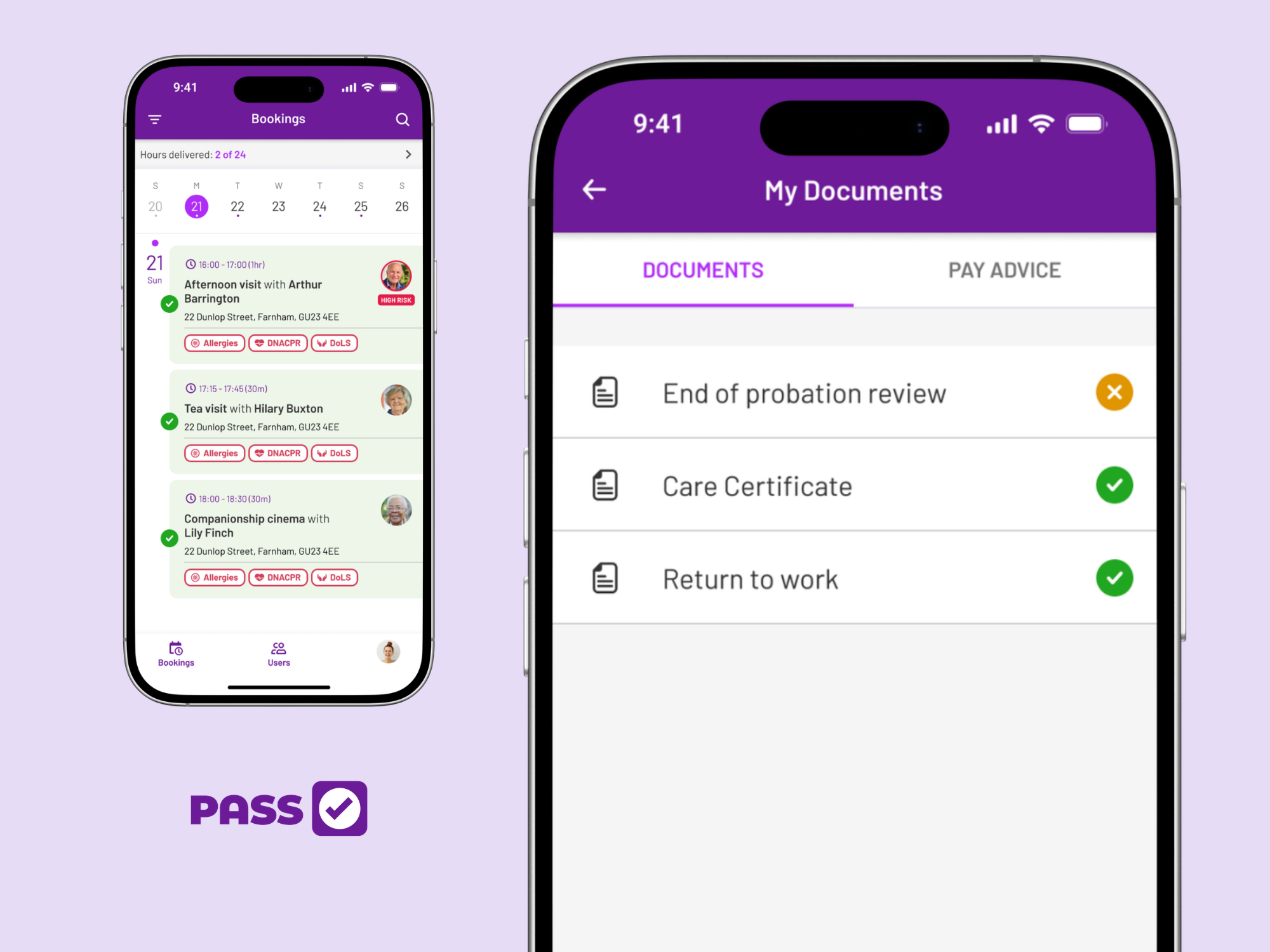 The PASS carer app showing completed visits and a carer's training documents