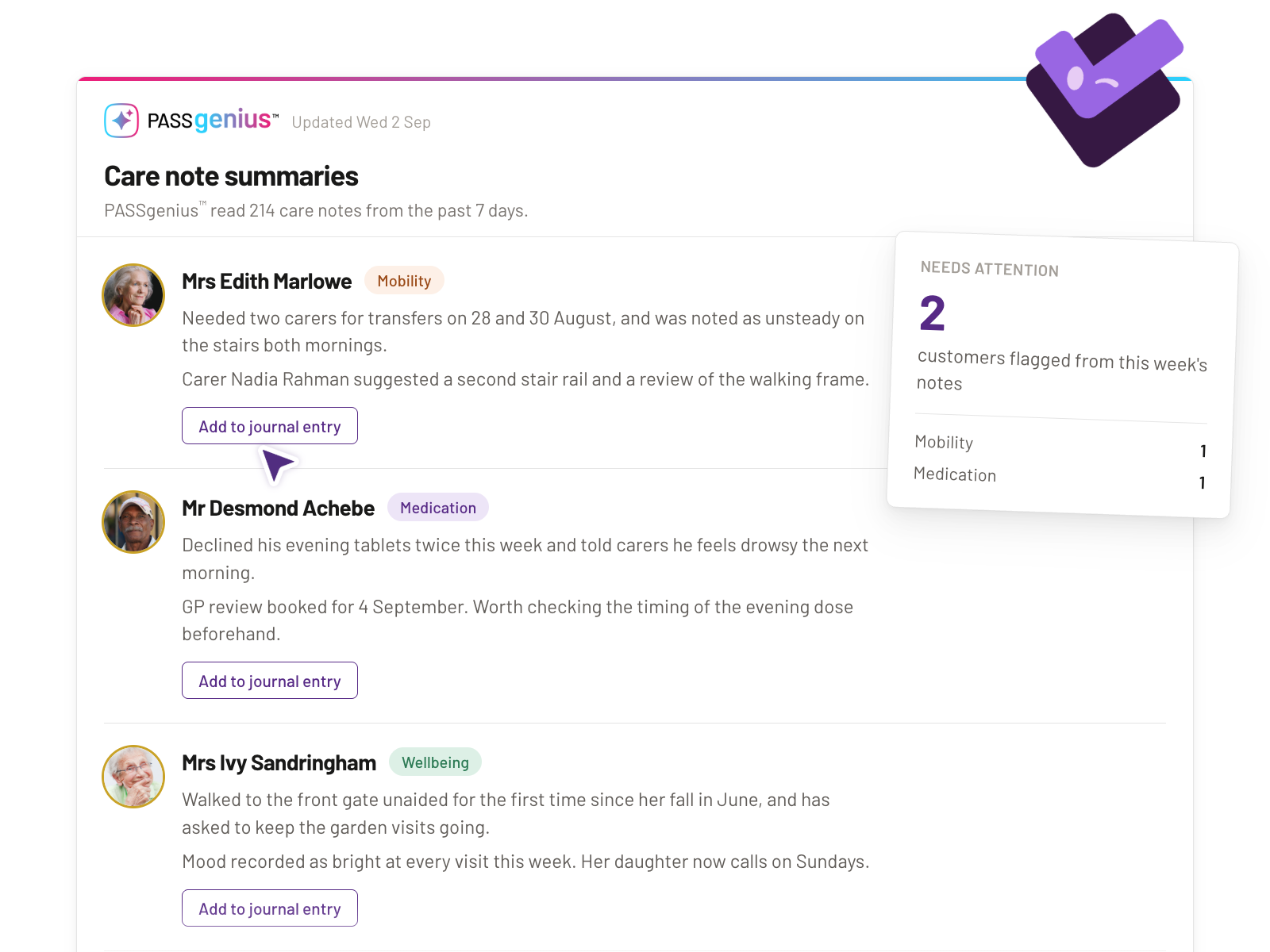 AI care note summaries highlighting care updates and concerns.