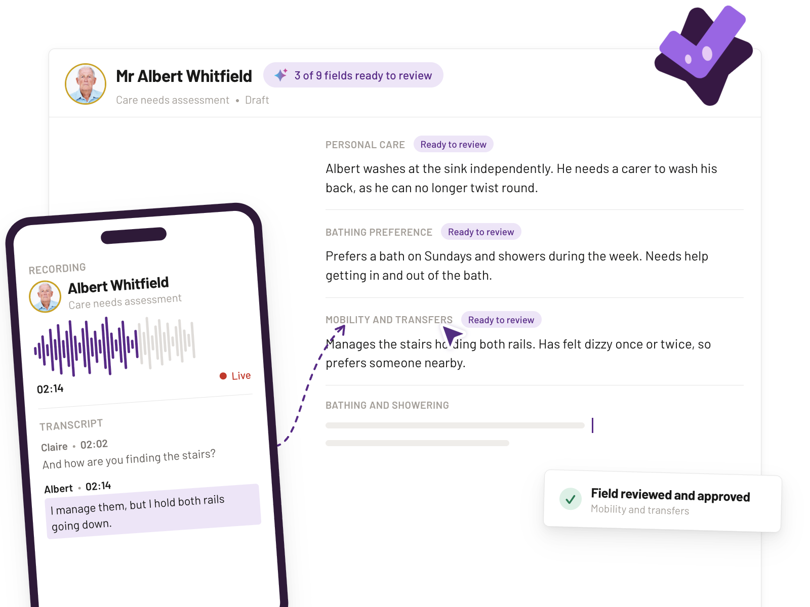 Preview of a recorded conversation becoming a draft assessment awaiting review.