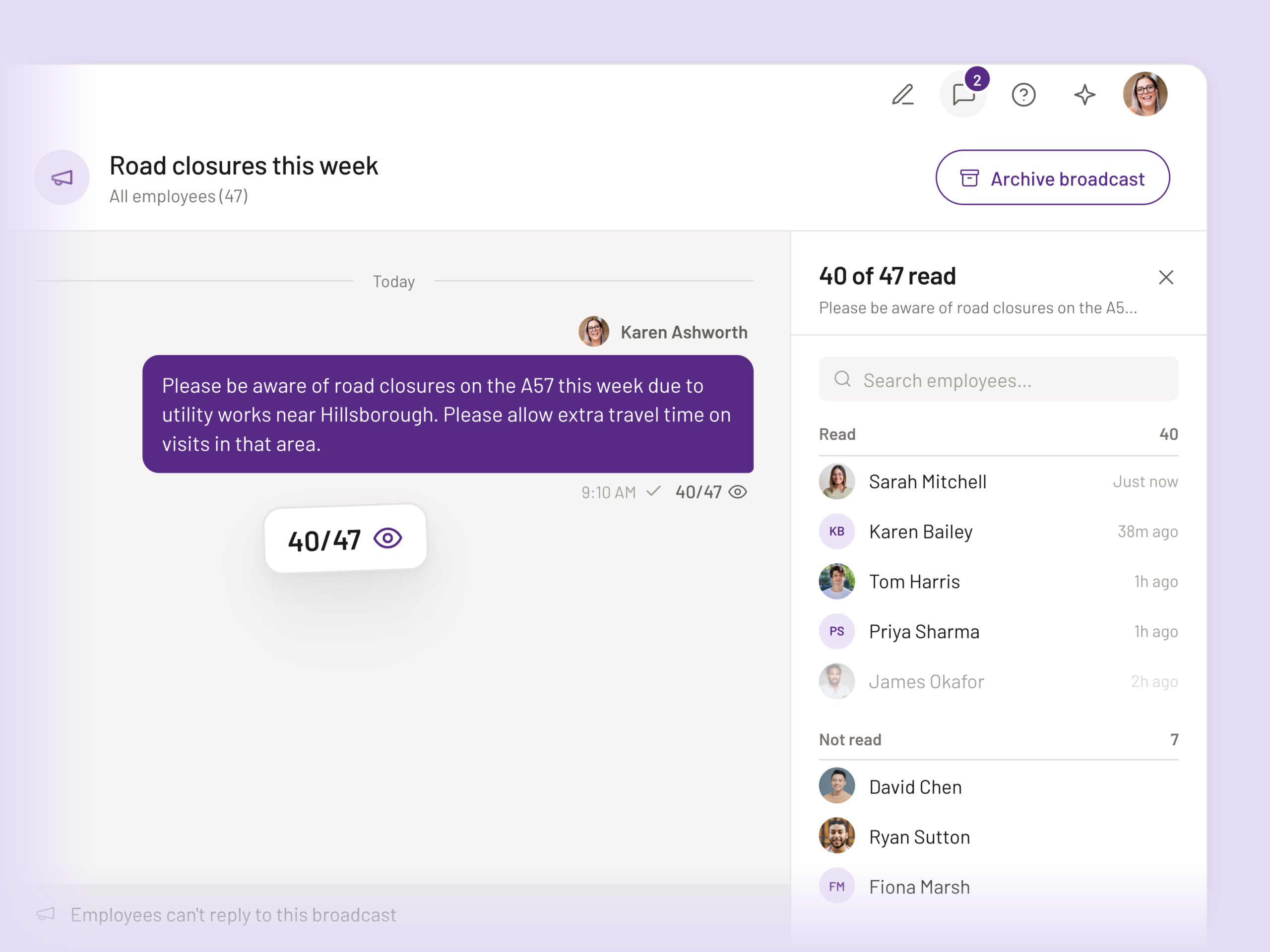 A broadcast read count and a list showing which carers have read the message in PASS.