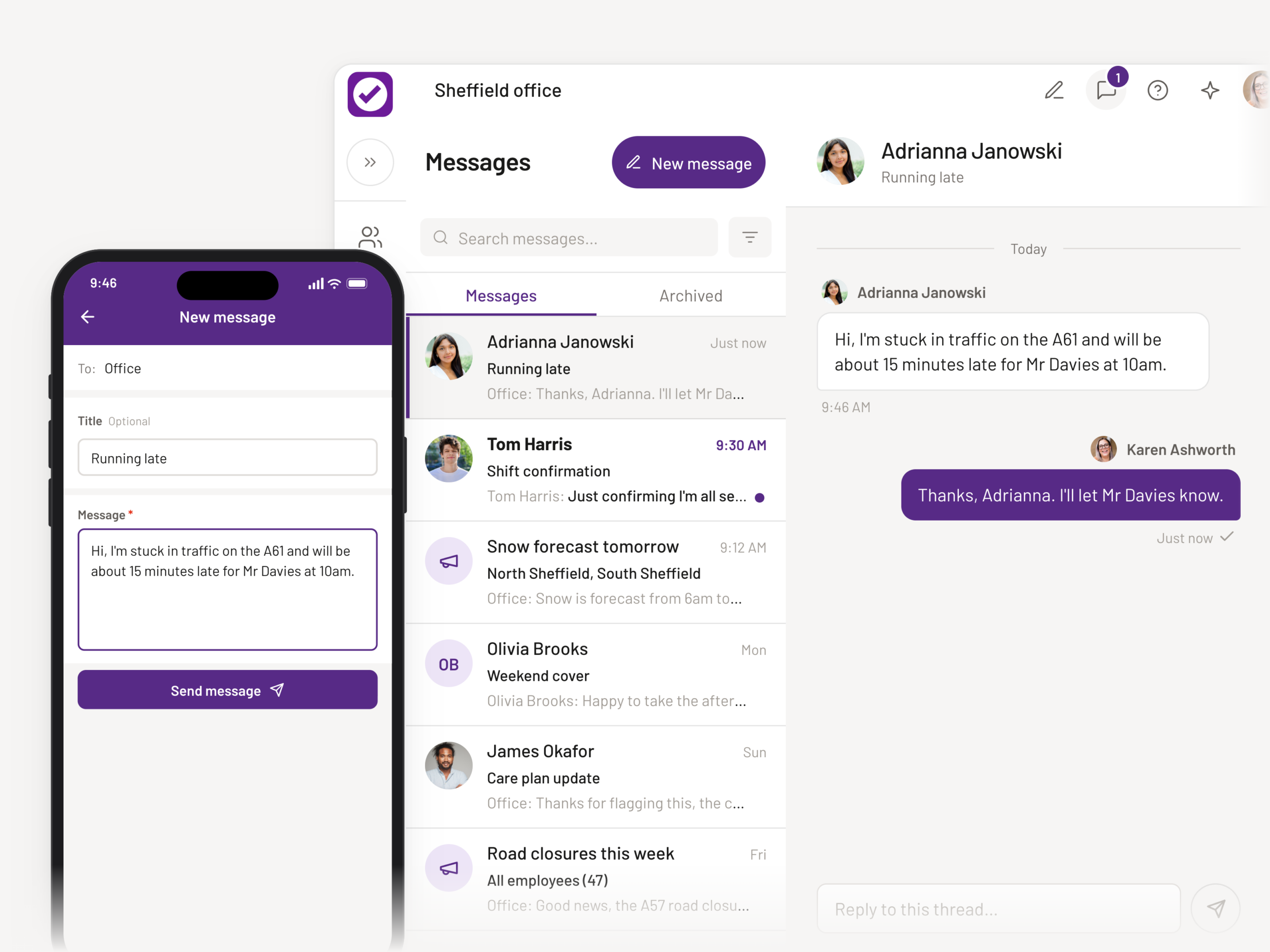 A carer messages the office from the PASS app and an office colleague replies in PASS Web.